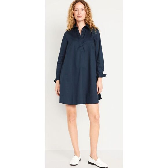 Old Navy Loose Mini Shirt Dress Sz. L Navy Blue Collared Swing Fit Lightweight & - Picture 8 of 8